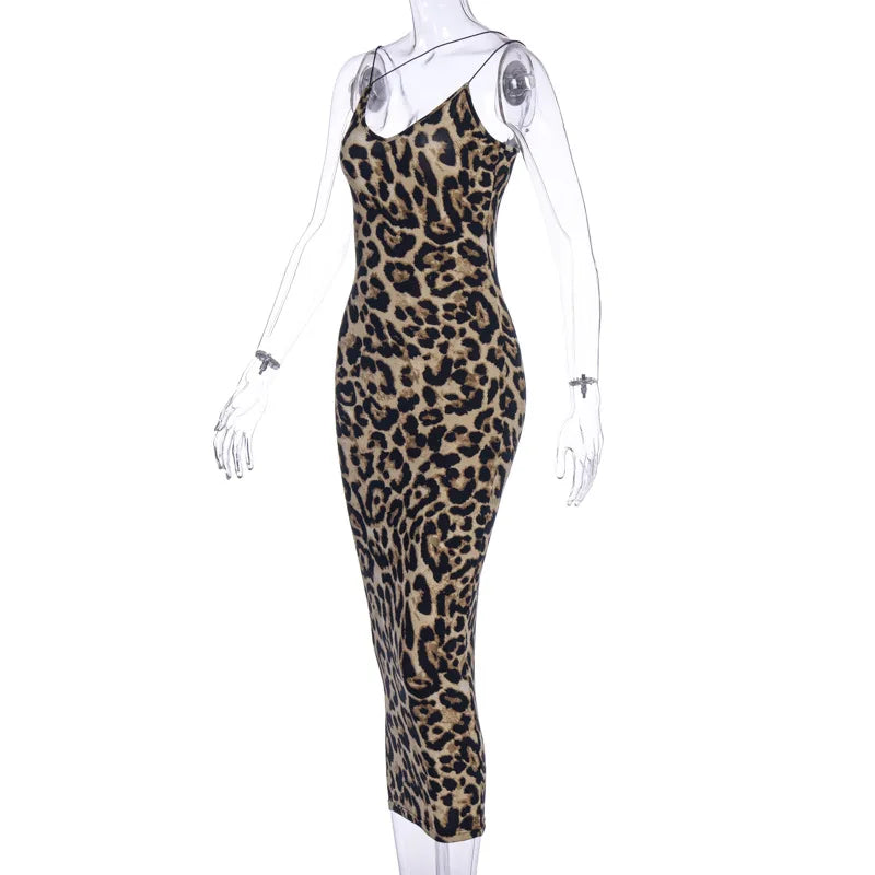 Vestido elegante sin mangas de leopardo para mujer, ropa Sexy de verano, moda femenina, cintura alta, tirantes finos, vestidos de fiesta de noche ajustados