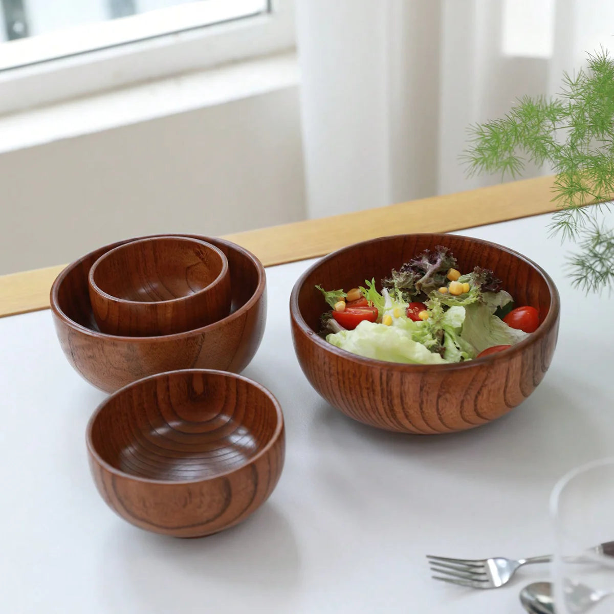 Tazón apilable de madera maciza, disponible en tamaños grande y pequeño, tazón de madera para el hogar para ensalada, arroz, sopa y fideos, 1 unidad