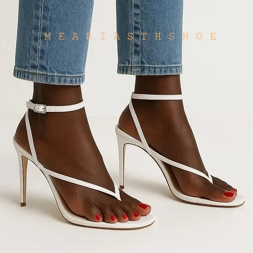 Sandalias de Tacón Alto con Punta Abierta y Correa en el Tobillo, de Cuero, con Hebilla, Diseño Sólido, Tacón Fino, para Mujer, con Lazos y Correa Trasera