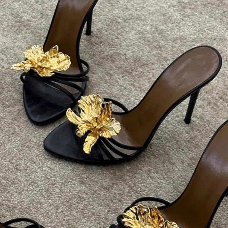 Sandalias de tacón alto para mujer, zapatillas antideslizantes con cabeza puntiaguda, boca poco profunda, conjunto de flores de cristal