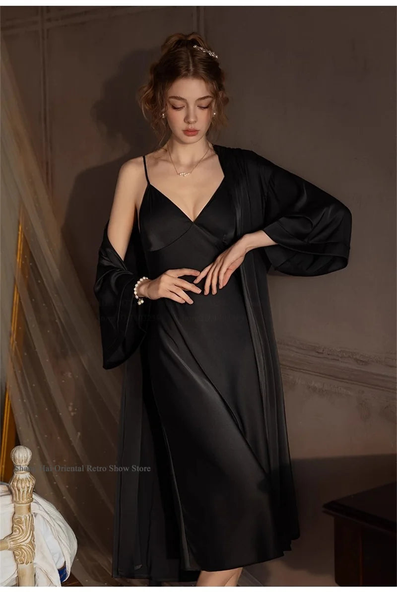 Elegante Conjunto de Bata Larga para Mujer, Lencería Sexy, Ropa de Dormir, Kimono Holgado, Bata de Baño, Vestido de Casa de Satén Sedoso, Ropa de Estar