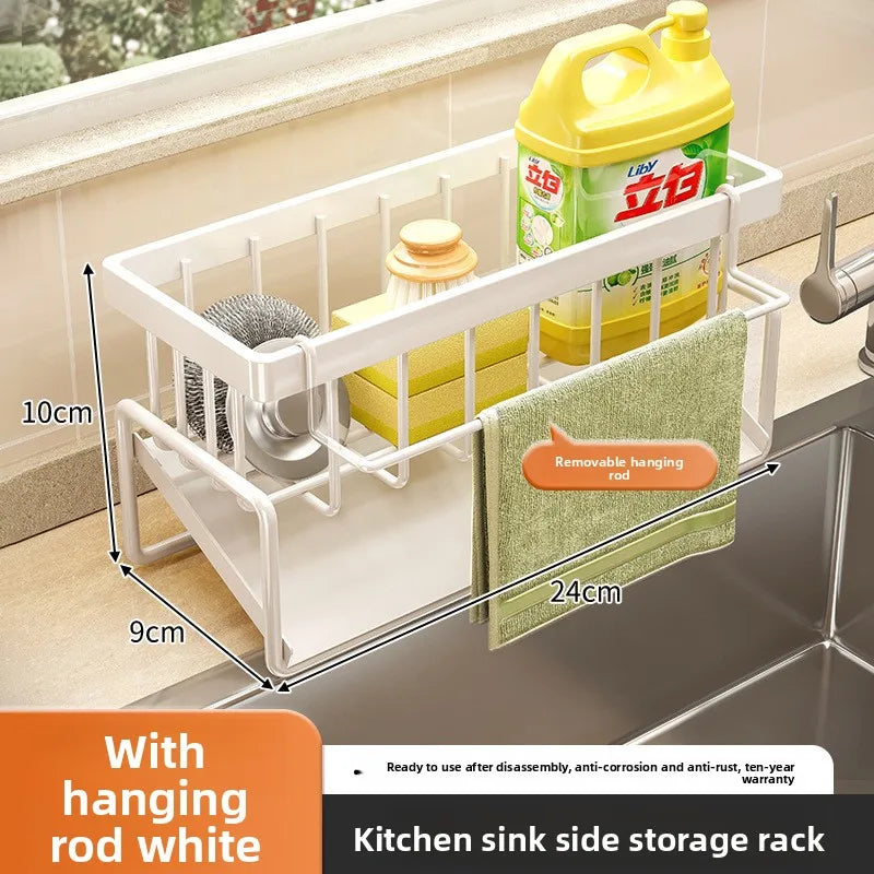 Soporte de esponja de cocina, escurridor, organizador de fregadero para almacenamiento de paño de cocina con gancho para colgar