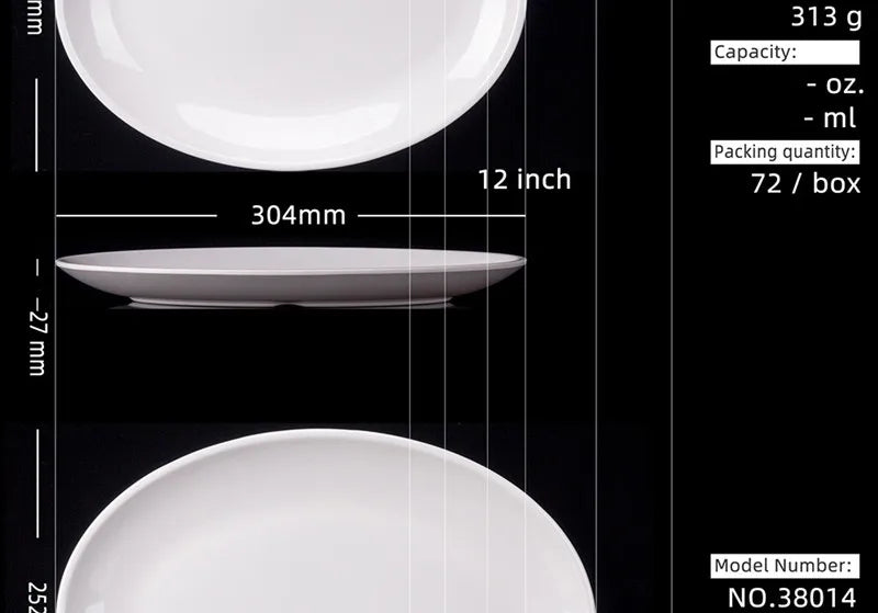 Platos ovalados de melamina blanca de 9-14 pulgadas, juego de cena, plato de porcelana de imitación, bandejas planas para carne, servicio de mesa de cocina y Hotel duradero