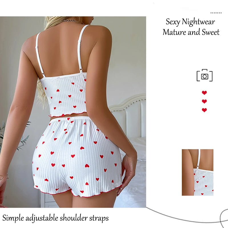 Ropa de dormir Sexy para mujer, conjunto de pijamas con estampado de corazón de seda, cuello en V, sin mangas, camisola informal, conjuntos de Top y pantalones cortos, traje para casa, ropa de descanso