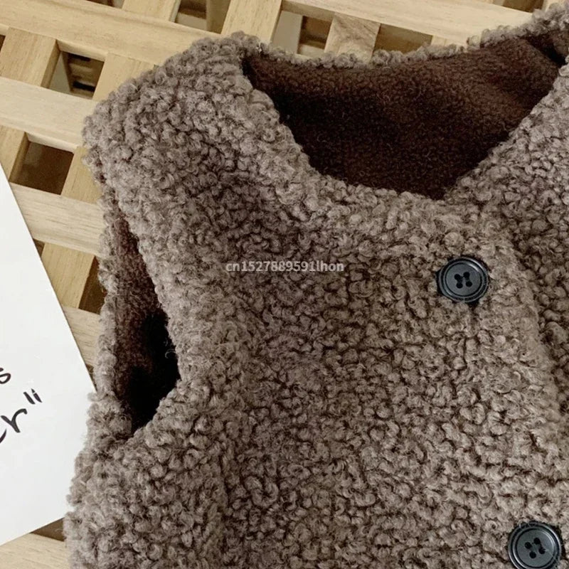 Otoño Invierno bebé lana de cordero más chaleco de terciopelo niñas niños chaleco de felpa de un solo pecho cuello en V niño cálido moda abrigo cálido