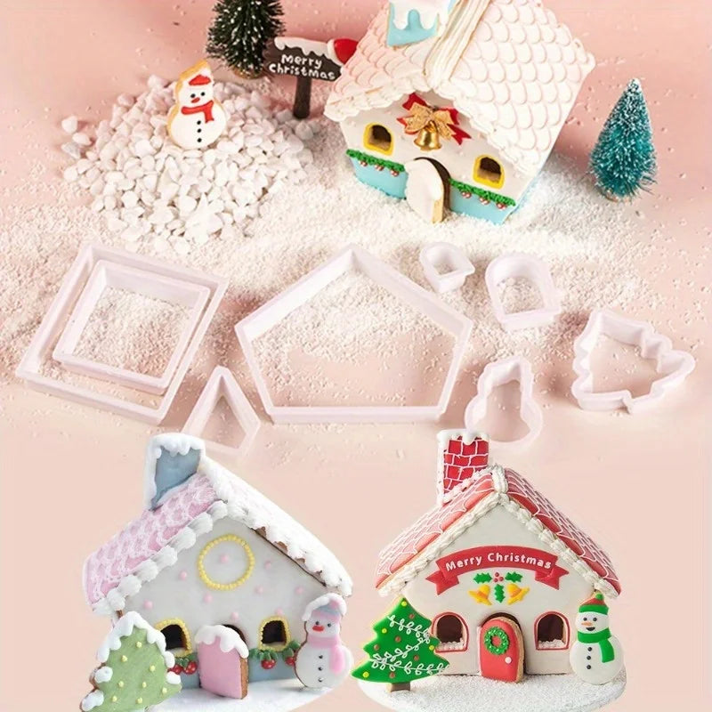 Molde de casa de jengibre de Navidad 3D, juego de cortadores de galletas de plástico, molde para galletas DIY, pastel de pastelería, sello, herramientas para hornear, accesorios