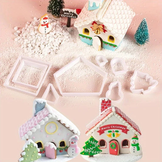 Molde de casa de jengibre de Navidad 3D, juego de cortadores de galletas de plástico, molde para galletas DIY, pastel de pastelería, sello, herramientas para hornear, accesorios