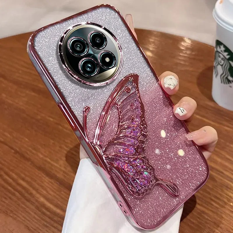 Realme 14 Pro funda de teléfono mariposa soporte Shell para OPPO Realme 14 13 Pro Plus 12 11 Plus Note 60 C75 C67 C65 4G 5G funda con purpurina