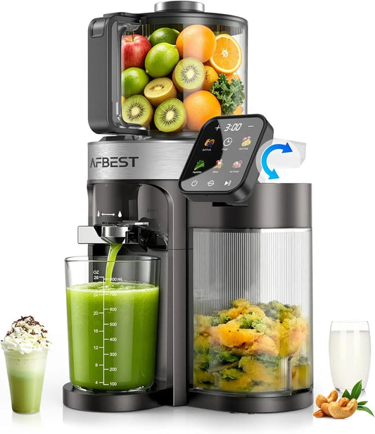 Exprimidor de prensado en frío mejorado 2026 – Boca extra ancha de 6.5 pulgadas, Tolva de alimentación automática de 100 oz, Exprimidor lento inteligente 3 en 1 con pantalla táctil para sorbetes y leche de frutos secos,