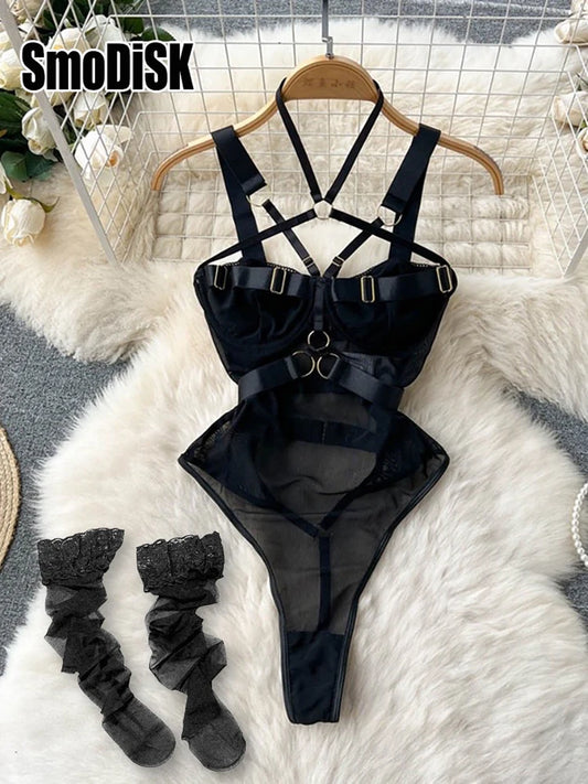 Ropa de dormir para fiesta de San Valentín, Catsuits combinados, peleles de tiras de malla eróticos íntimos ajustados, monos de mujer, lencería, conjuntos sexys