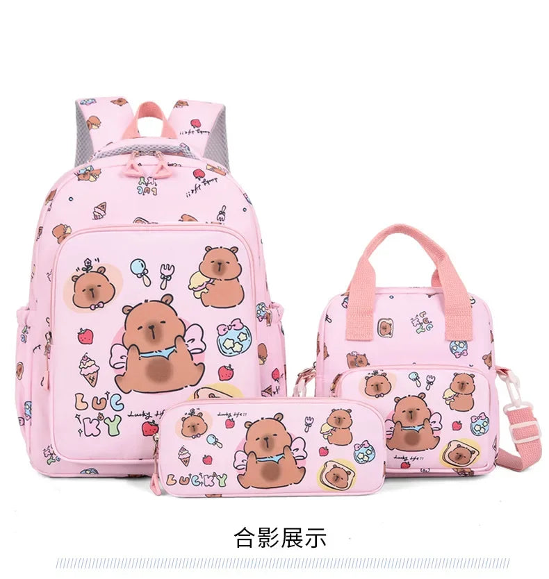 Mochila colorida Capybara 3 unids/set para mujer, mochilas escolares informales con bolsa de almuerzo, mochila para chica, niño, estudiante y adolescente
