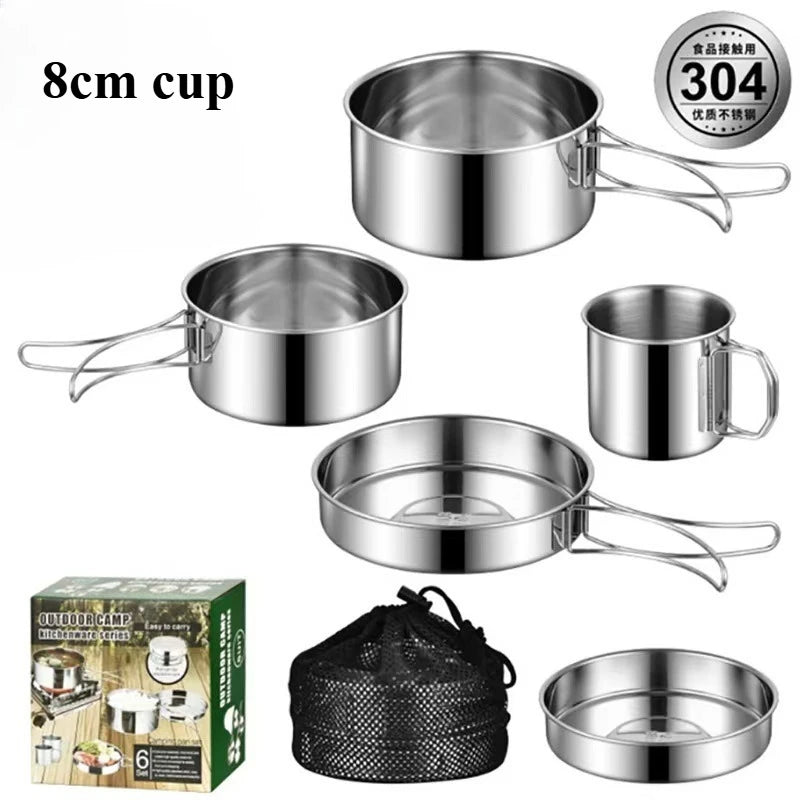 Juego de utensilios de cocina para acampar, olla de cocina de acero inoxidable con sartén, utensilios de cocina portátiles para exteriores, olla para Picnic, mochilero, Camping y senderismo