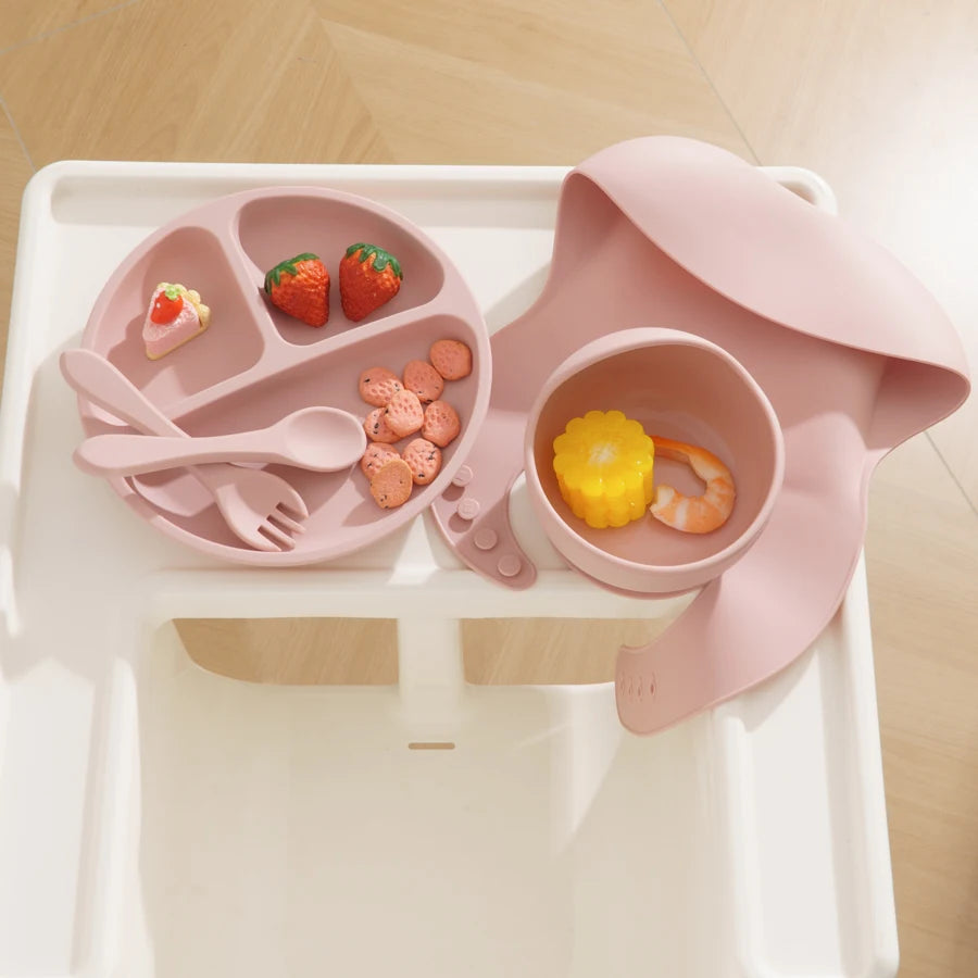 Juego de alimentación de silicona para bebé, plato de comedor redondo, cuenco con ventosa, platos para niños, babero impermeable, cuchara, vajilla para niños, 5 uds.
