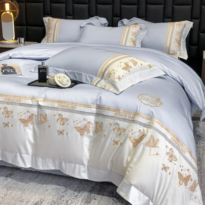 Juego de cama 100% de algodón, edredón bordado de mariposa dorada de lujo/funda nórdica, juegos de sábanas ajustadas, fundas de almohada, textiles para el hogar