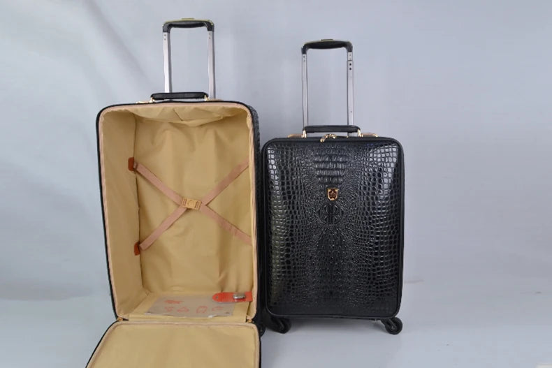Equipaje rodante de cuero con patrón de cocodrilo, maleta con ruedas de embarque de 16/20/24 pulgadas, equipaje de viaje de cuero real para hombres y mujeres