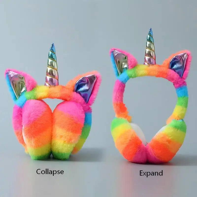 Orejeras de peluche de unicornio arcoíris, plegables, cálidas y portátiles, estilo femenino y lindo, orejeras a prueba de heladas y frío para otoño e invierno, regalo navideño