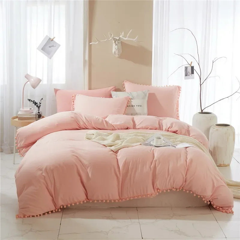 Funda de edredón suave y lavada, Juego de 3 piezas, funda de almohada, juego de ropa de cama para Twin, Full, Queen, King Size, decoración de pompones