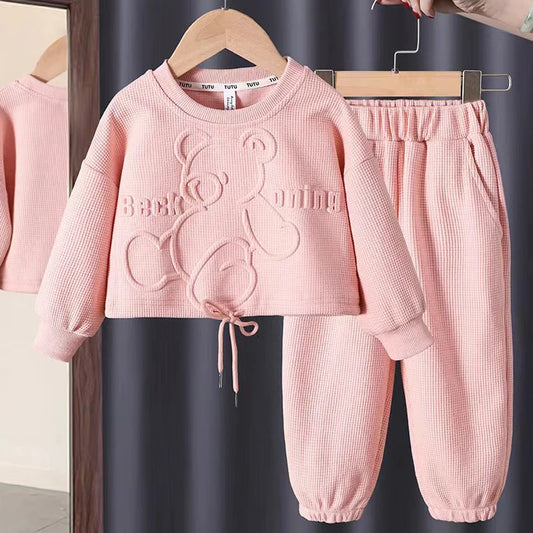 Conjunto de ropa informal para niña de 3 a 8 años, sudadera de manga larga con estampado de oso de dibujos animados, pantalones, 2 piezas, ropa deportiva