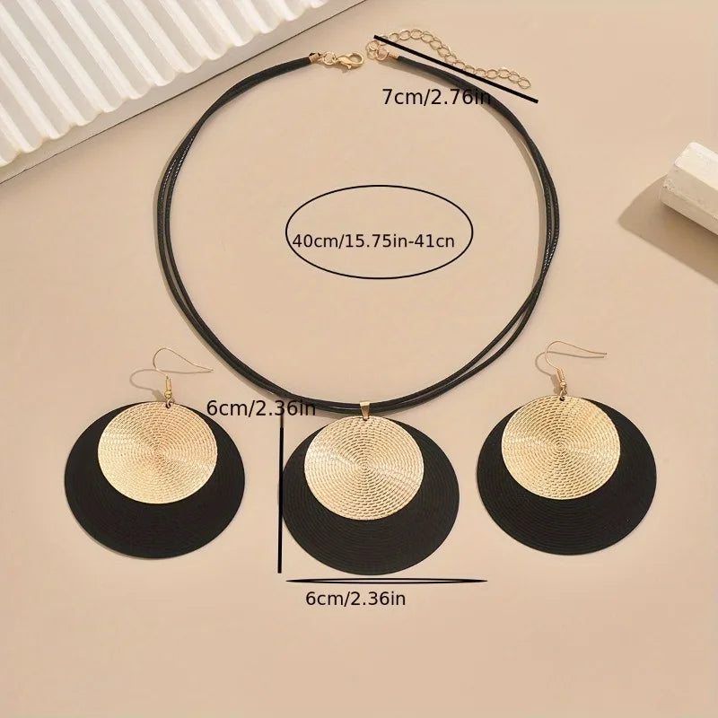 3 unid/set de pendientes redondos grandes, conjunto de Collar para mujer, cadenas de cuerda de PU exageradas, Collar con colgante geométrico de Metal, joyería