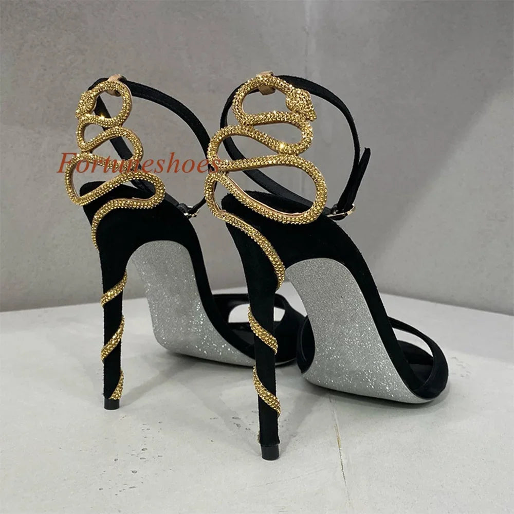 Sandalias de mujer con hebilla de cinturón de una palabra, zapatos de tacón alto de aguja con diamantes de imitación de cristal, sandalias enrolladas a la moda para verano 2024