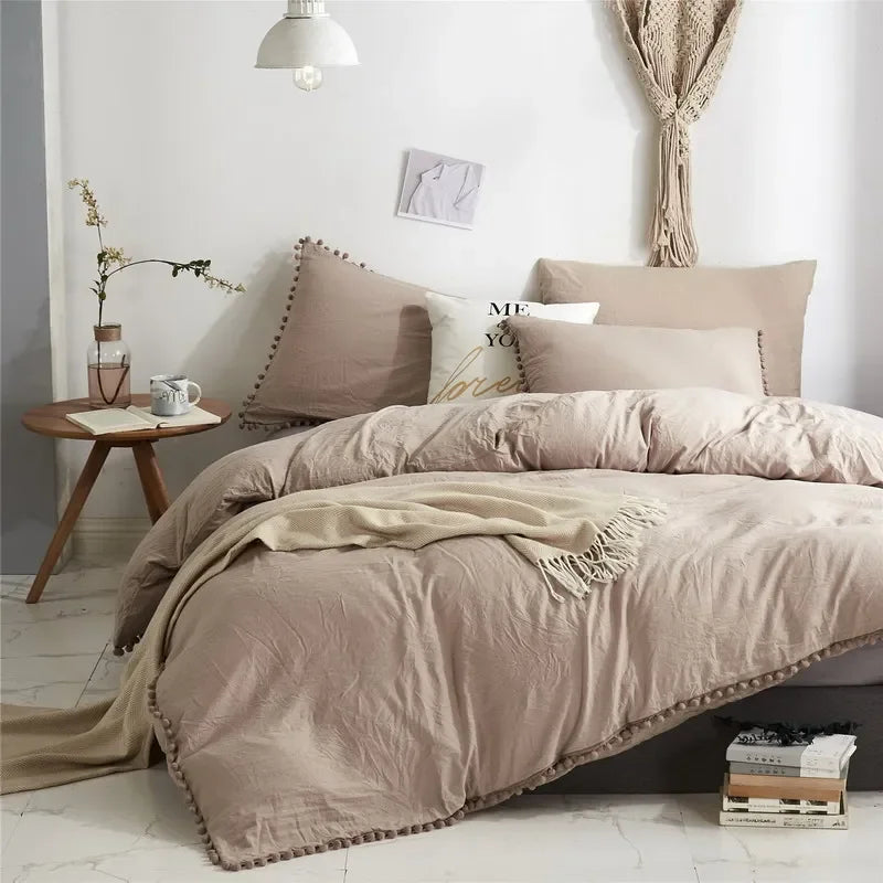 Funda de edredón suave y lavada, Juego de 3 piezas, funda de almohada, juego de ropa de cama para Twin, Full, Queen, King Size, decoración de pompones