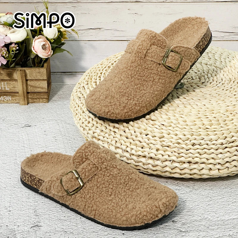 Otoño e Invierno nuevas mujeres y hombres tela de gamuza zapatilla de punta cerrada interior o exterior Slip-on Retro Sandalias planas duraderas
