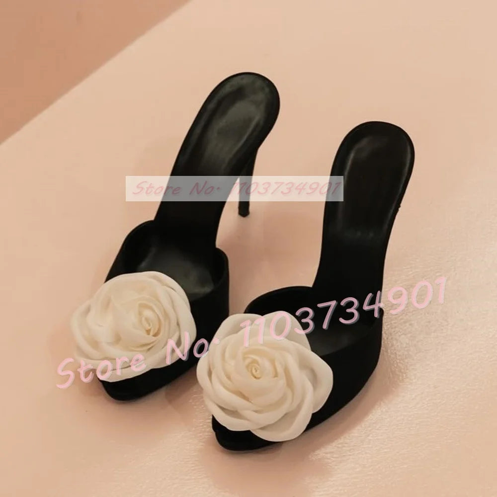 Mules de tacón alto fino de satén para mujer, zapatos aterciopelados con apliques florales, color rosa y rosa, elegantes y negros