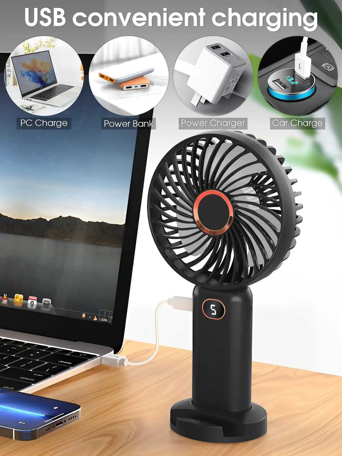 Ventilador portátil de mano, miniventilador recargable por USB, pantalla Digital, ajuste de 5 velocidades, adecuado para viajes, exteriores, oficina y hogar
