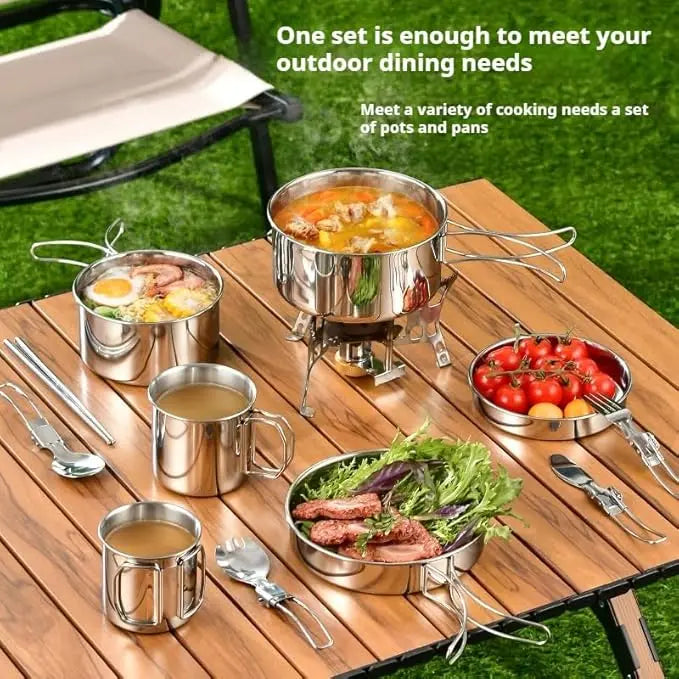 Juego de utensilios de cocina para acampar, olla de cocina de acero inoxidable con sartén, utensilios de cocina portátiles para exteriores, olla para Picnic, mochilero, Camping y senderismo