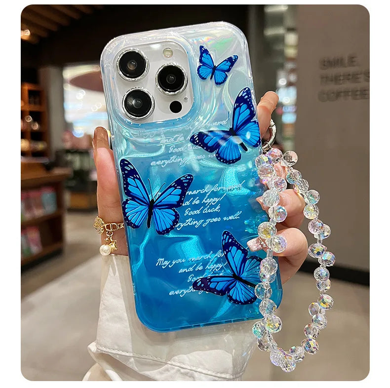 Funda de teléfono de arena con plumas graduales plateadas y mariposas de lujo para iPhone 16 15 14 13 12 11 Pro Max X XR 7 8 Plus, funda con cordón