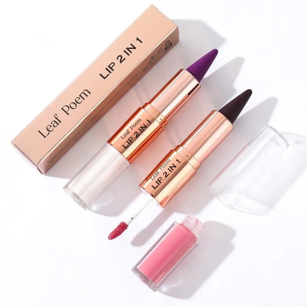 Delineador de Labios 2 en 1 de Doble Punta, Acabado Mate, Antiadherente, Resistente al Agua, Punta Cónica, Brillo Labial Mate de Larga Duración para Uso Diario