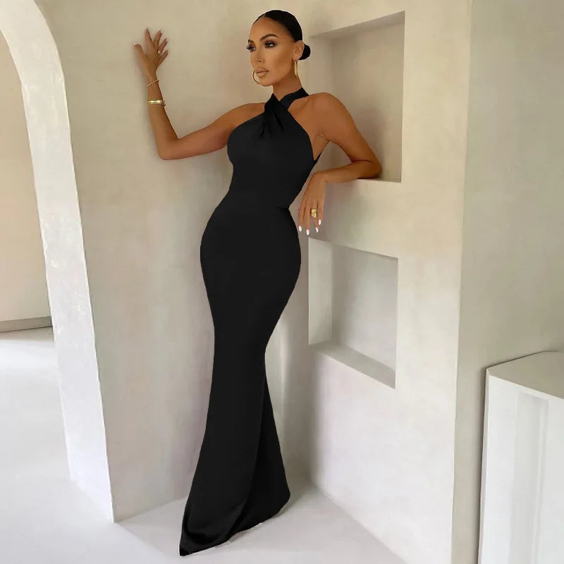 Vestidos de Fiesta Elegantes para Mujer, Vestido Maxi con Cuello Halter y Detalle Cruzado en la Parte Delantera, Vestido de Noche Ajustado