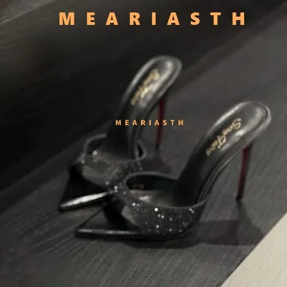 2025 verano 10 cm/12 cm zapatillas de tacón alto para mujer moda puntiaguda zapatos de Muels con punta abierta señoras elegante vestido de fiesta Sandalias