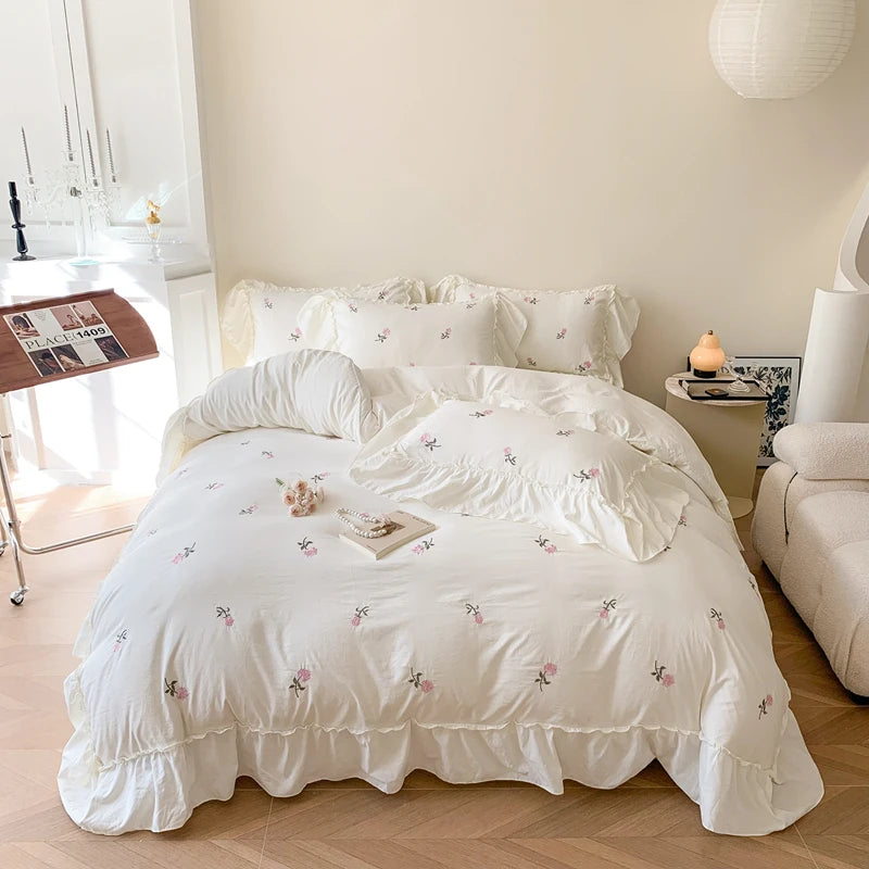 Juego de funda nórdica bordada con rosas de 3 piezas (1 funda nórdica + 2 fundas de almohada, sin núcleo), juego de cama de encaje estilo princesa