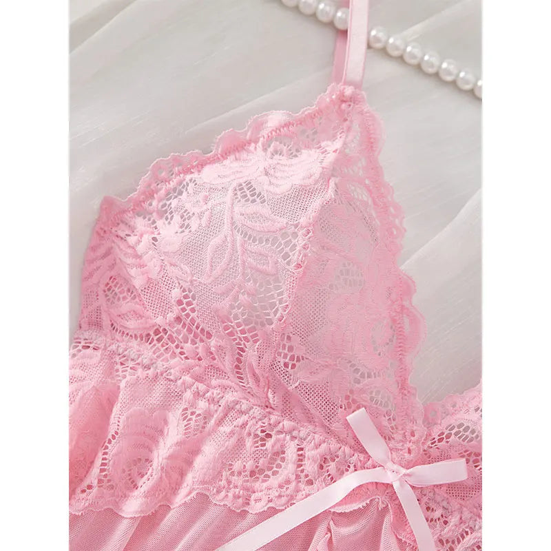Traje con tirantes, camisón ultrafino de verano, conjuntos de Tanga de encaje, pijamas sexis para mujer, lencería, vestido de noche caliente, ropa de dormir cómoda