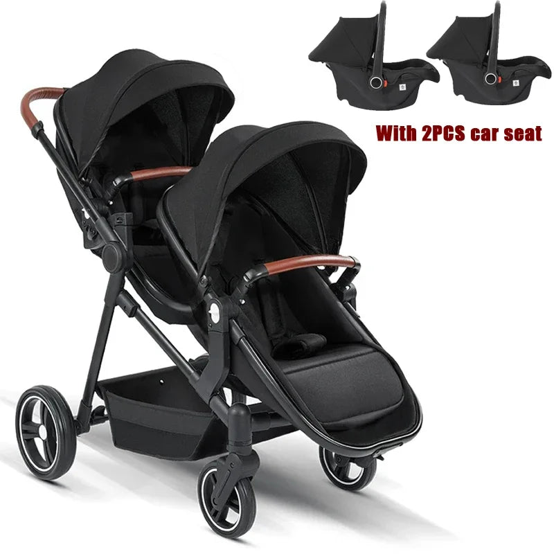 Nuevo cochecito doble de STOCK europeo con 2 asientos de coche, cochecito de bebé 3 en 1, multifuncional, ligero, portátil para niños dobles
