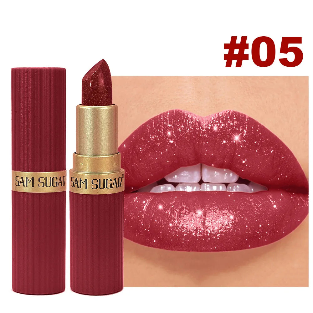 Lápiz Labial Rojo Chocolate Diamante, Lápiz Labial de Terciopelo con Brillo Perlado, Brillo Labial Metálico Brillante a Prueba de Agua, Maquillaje de Larga Duración