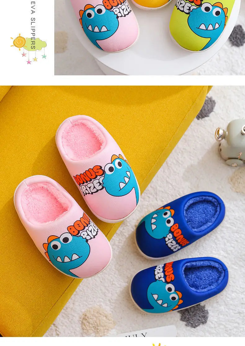 Zapatillas con patrón de dinosaurio de dibujos animados para niños y niñas, bonitos zapatos de felpa, zapatos cálidos adecuados para interiores de otoño e invierno