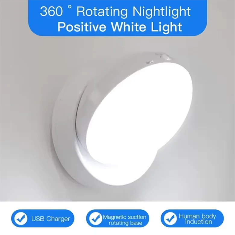 Luz nocturna con Sensor de movimiento, iluminación LED inalámbrica recargable, magnética giratoria 360 para habitación, mesita de noche, iluminación de gabinete