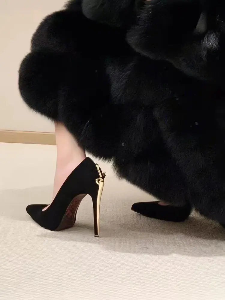 Nuevos Zapatos de Tacón Alto para Mujer 2026, Tacones Finos, Punta Metálica, Estilo Sexy, Charol Negro, Zapatos de Una Sola Pieza