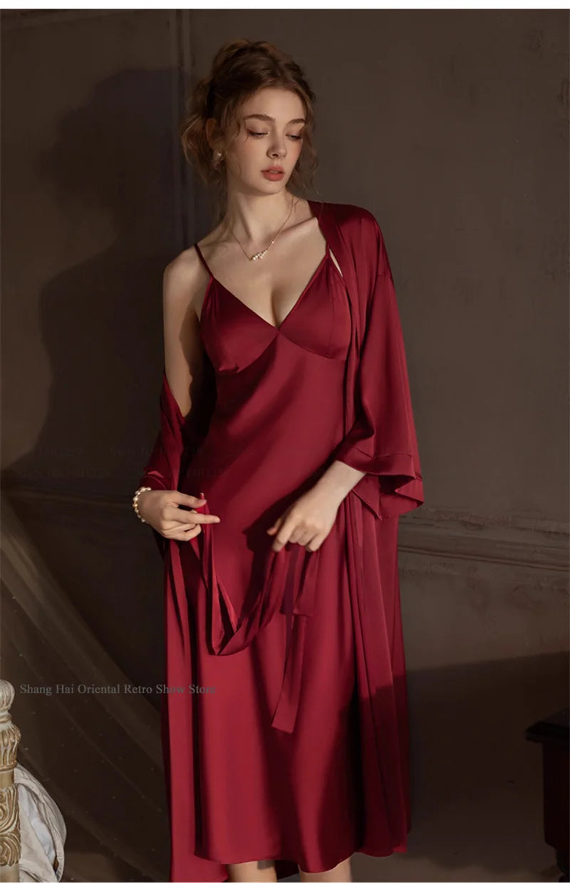 Elegante Conjunto de Bata Larga para Mujer, Lencería Sexy, Ropa de Dormir, Kimono Holgado, Bata de Baño, Vestido de Casa de Satén Sedoso, Ropa de Estar