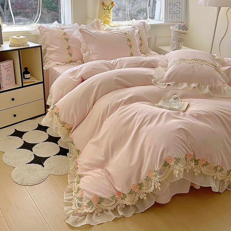 Juego de Ropa de Cama Estilo Princesa INS 2026, con Volantes, Encaje y Lazo, Funda de Edredón Romántica para Mujer, Juego de 4 Piezas
