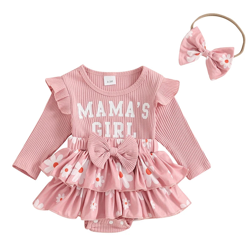 Conjunto de ropa para niña de 0 a 18 meses, pelele con estampado de flores y letras de manga larga, diadema con lazo, conjunto de ropa para niña pequeña