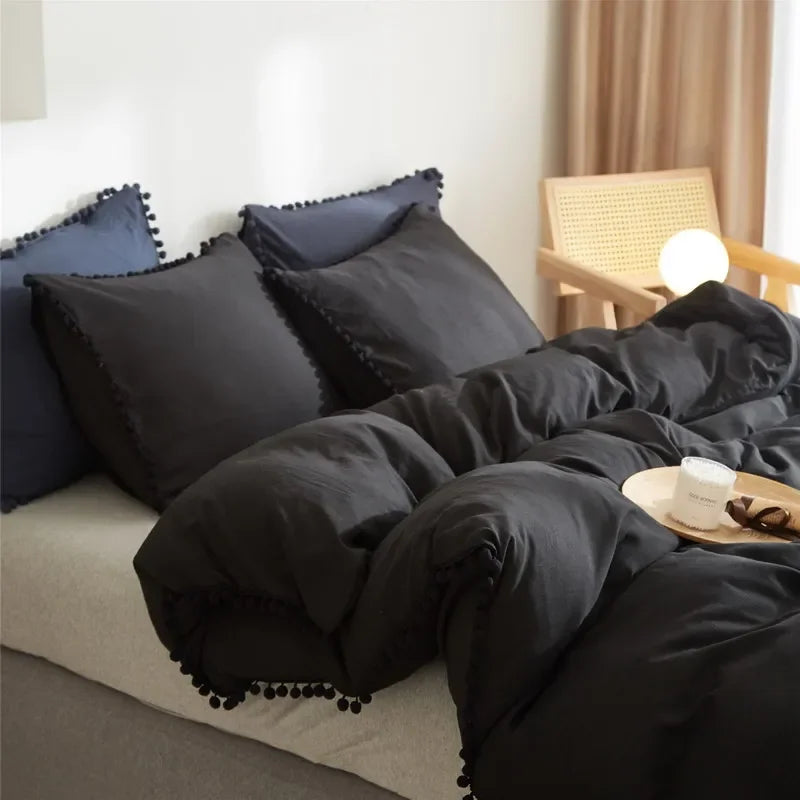 Funda de edredón suave y lavada, Juego de 3 piezas, funda de almohada, juego de ropa de cama para Twin, Full, Queen, King Size, decoración de pompones