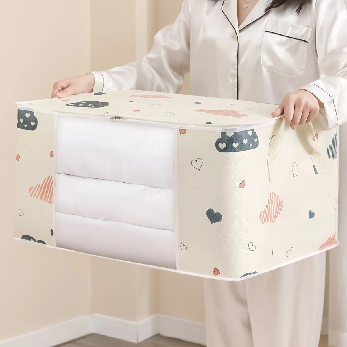 Bolsa de almacenamiento de ropa de gran capacidad, organizador con asa reforzada, adecuado para mantas, ropa de cama, plegable con cremallera resistente