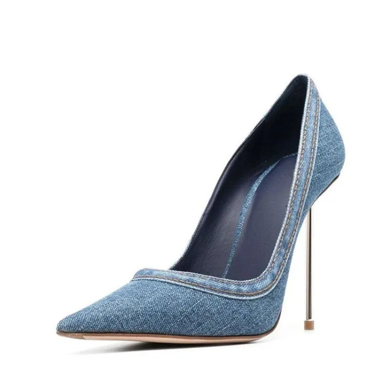 Zapatos de tacón alto de mezclilla para mujer, zapatos de tacón de Metal ajustados con correas en el tobillo, sandalias de tacón de Metal con punta puntiaguda para fiesta de banquete de talla grande