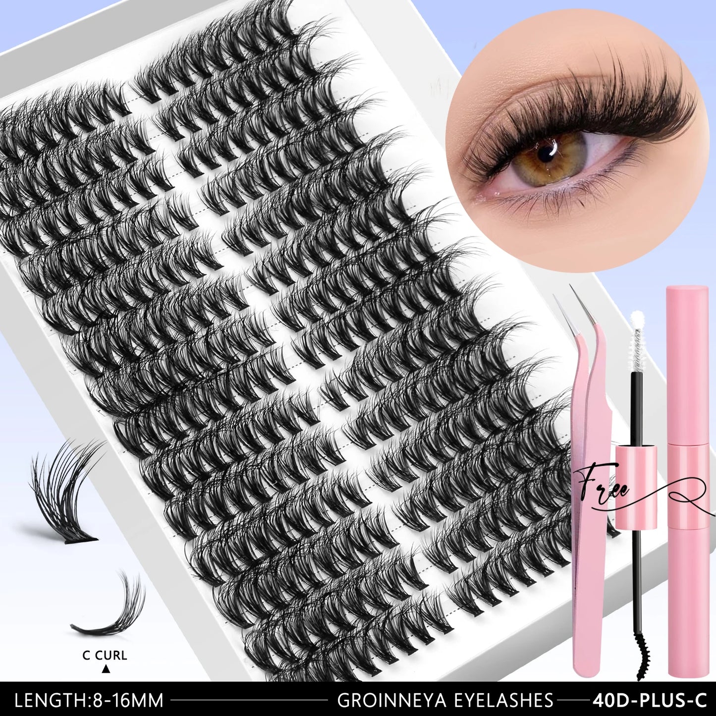 GROINNEYA Clusters de pestañas 540 Uds Kit de extensiones de pestañas de gato Kit de pestañas en racimo con Kit de maquillaje de pestañas Bond & Seal