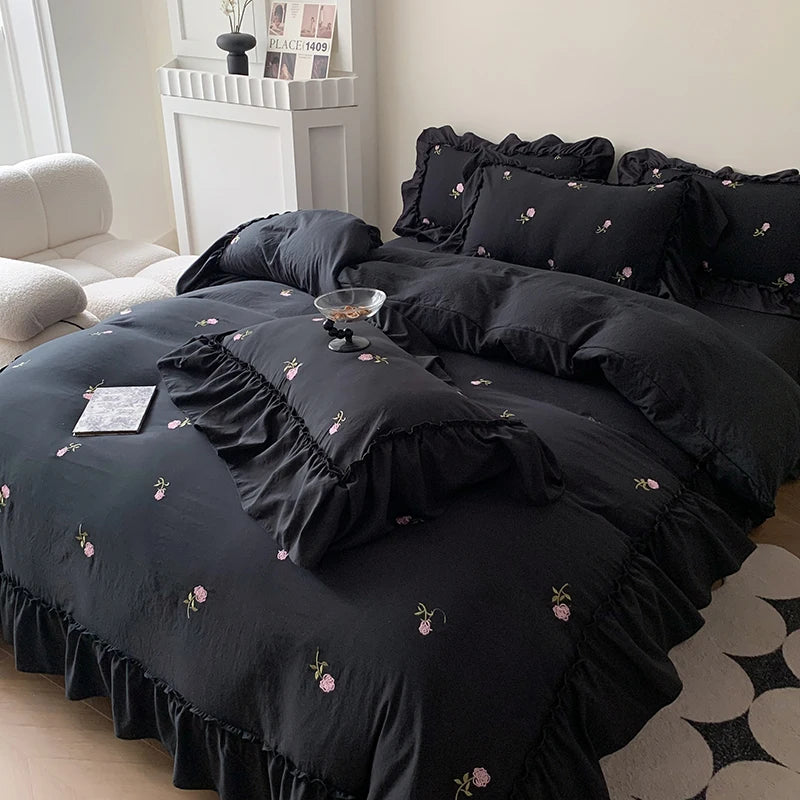 Juego de funda nórdica bordada con rosas de 3 piezas (1 funda nórdica + 2 fundas de almohada, sin núcleo), juego de cama de encaje estilo princesa