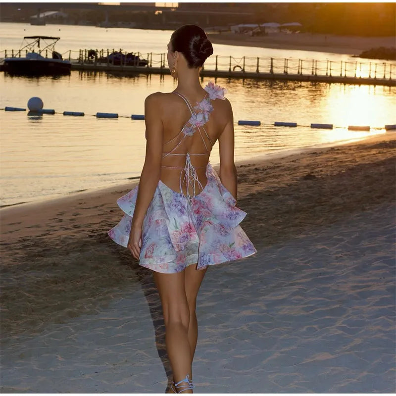 Vestido corto de gasa rosa dulce para mujer, moda con flores en 3D, manga abombada grande, cuello en V, cintura alta, línea A, Vestidos en capas, batas de señora nueva