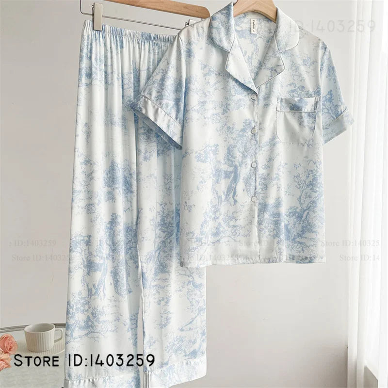 Nuevos Pijamas de satén sedoso para mujer, conjunto de 2 uds de Pijamas, ropa de dormir para primavera y otoño, ropa de salón, ropa de casa informal holgada para mujer, lencería